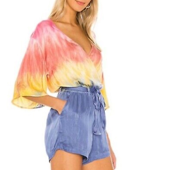 Chaser Romper women’s small Pastel Rainbow Prism Tie Dye V-neck Wrap boho urban - Picture 7 of 8
